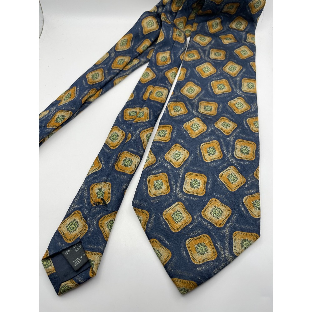 Ermenegildo Zegna Mens Silk Tie Navy Blue Gold Green Geometric Medallion Italy